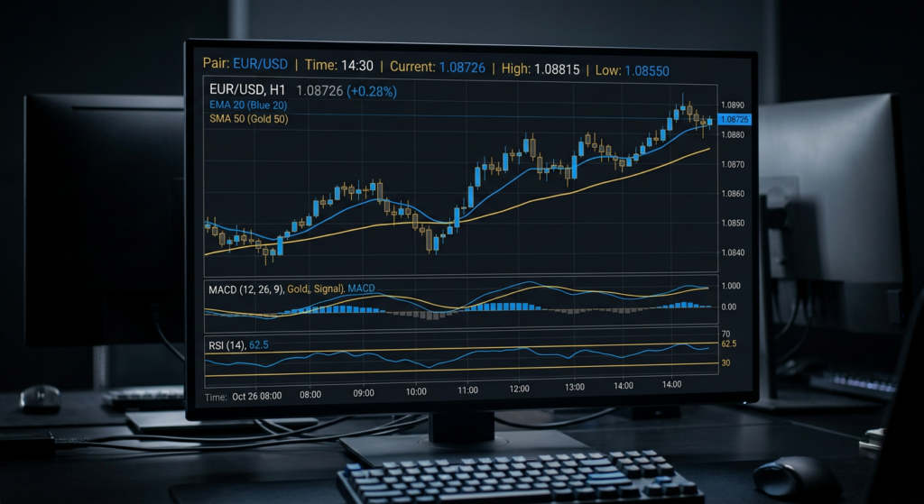 Forex trading chart showing RSI MACD and
moving average indicators on EURUSD H1