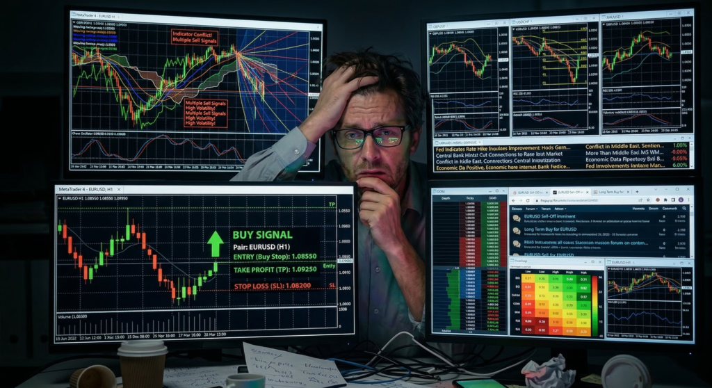 A stressed trader overwhelmed by too many
forex indicators on multiple screens