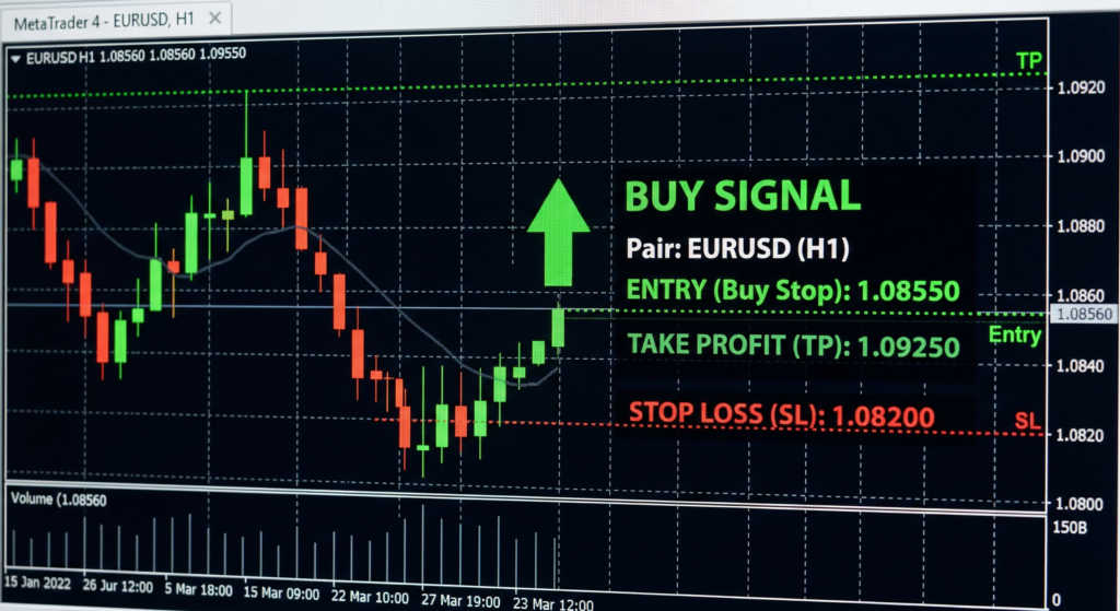 Forex buy signal on MetaTrader 4 showing
entry stop loss and take profit levels on EURUSD